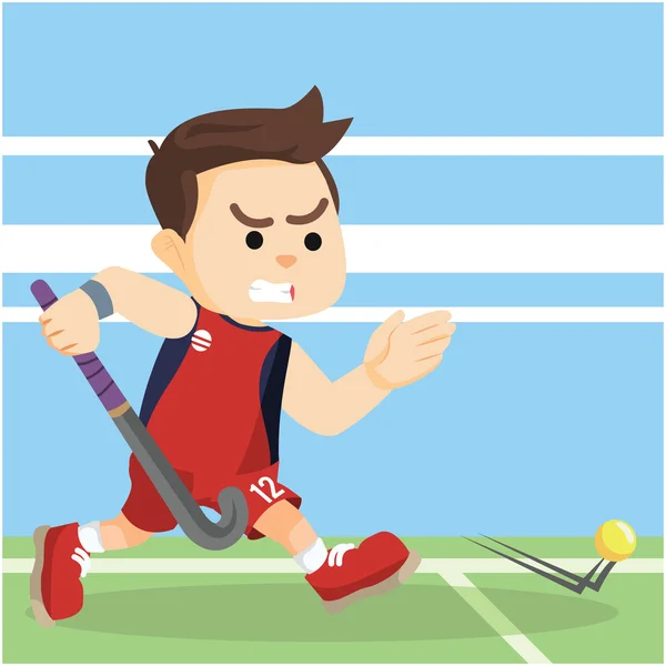 Campo jugador de hockey corriendo pelota de captura — Vector de stock