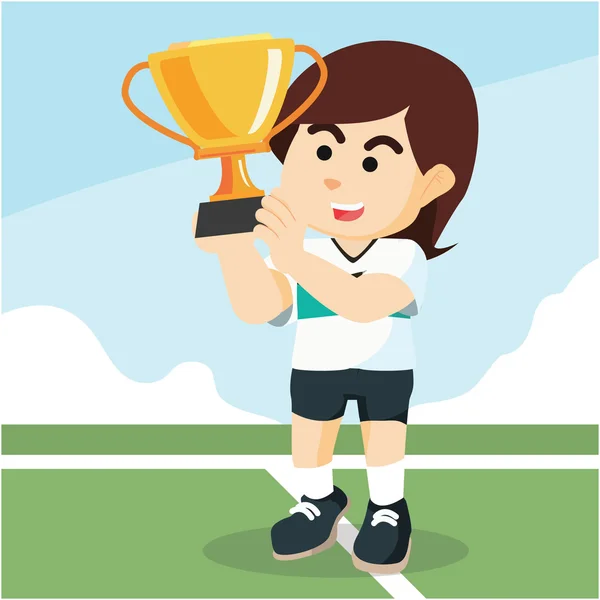 Jugadora de fútbol femenina sosteniendo trofeo — Vector de stock