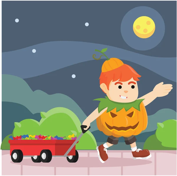 Boy in pumpkin costume got so much candy — Stock Vector