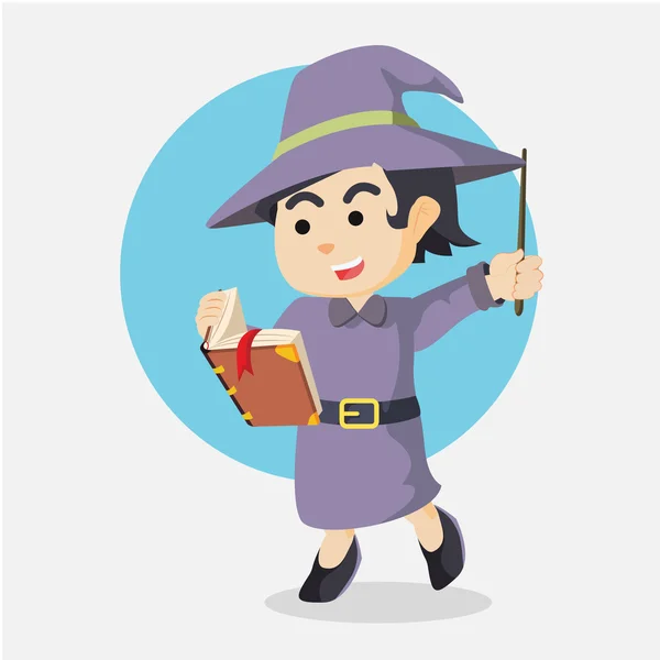 Witch holding tome and wand — Stock Vector