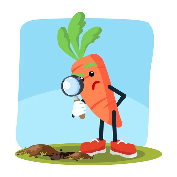 Carrot man seeing through magnifying glass — Stock Vector