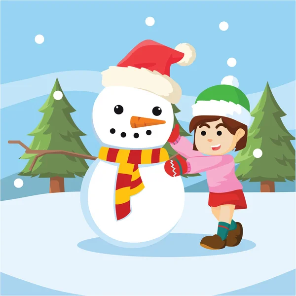 Snowman with girl colorful — Stock Vector