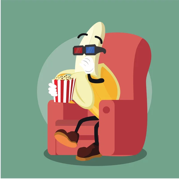 Banana man eten popcorn terwijl het letten van film — Stockvector