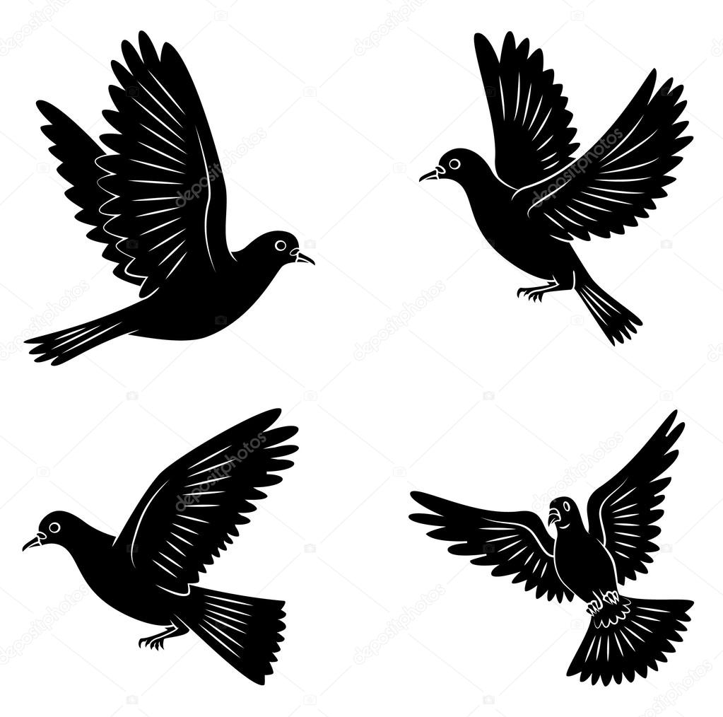 Black Silhouette Collection Of Peace Dove Symbol