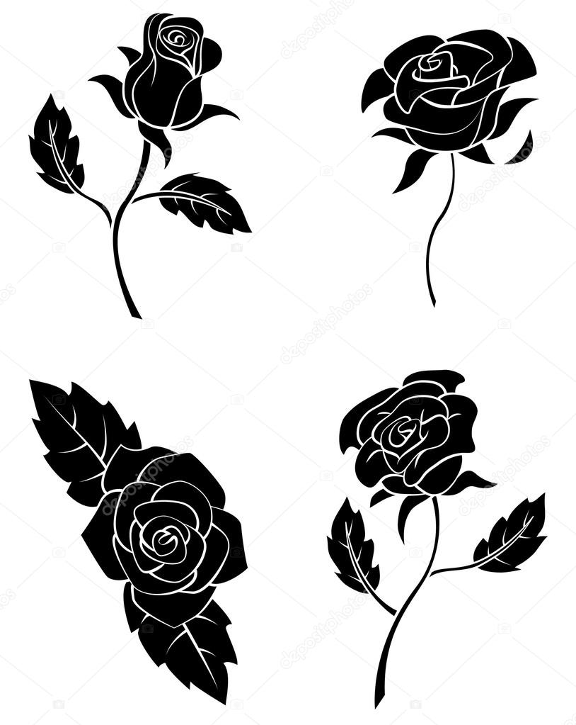 Black Silhouette Collection Of Rose Flower — Stock Vector ...