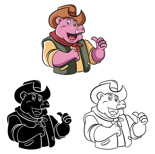 Livre à colorier Cowboy Cochon personnage de dessin animé — Image vectorielle