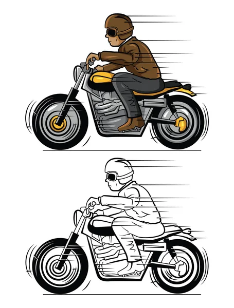 本の古いバイクに乗る人の漫画のキャラクターを着色 — ストックベクタ