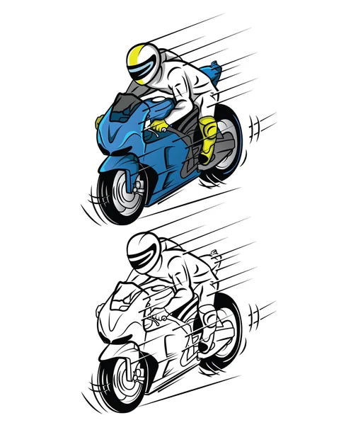 Coloriage livre moto course personnage de dessin animé — Image vectorielle