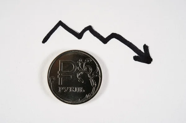 coin rouble against the background of the graph of the recession.