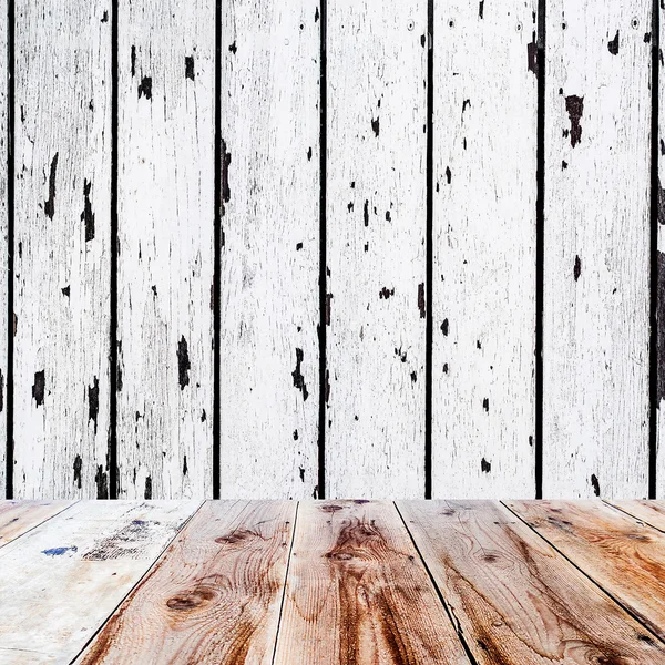 Wooden floor and old white wooden wall — Stock Photo, Image