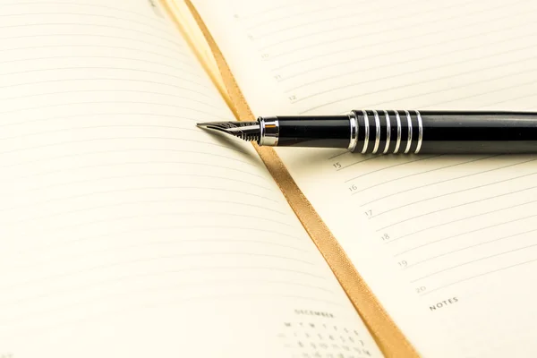 Caneta de tinta que coloca no caderno em branco com linhas — Fotografia de Stock