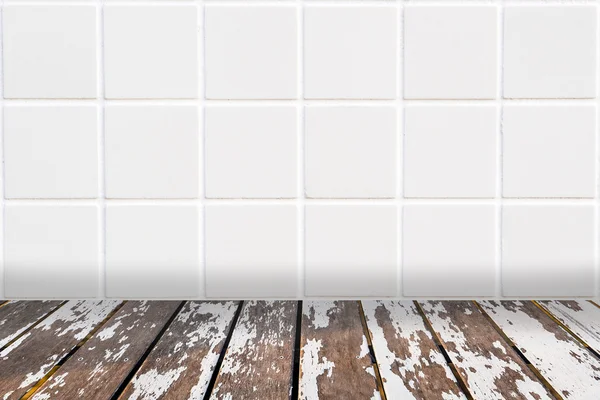 Architectual background made of white mosaic and uncared wooden laths — Stock Photo, Image