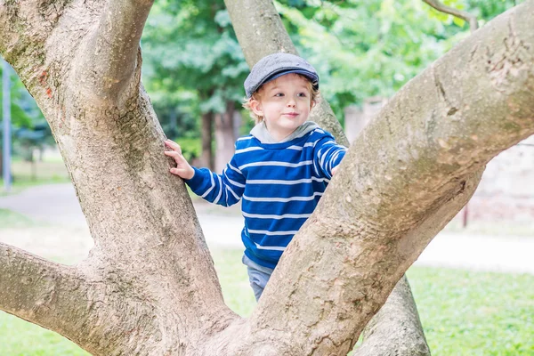 Sorridente ragazzo sta salendo sull'albero — Foto Stock