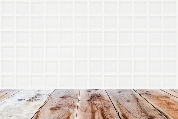 White mosaic glassy wall and brown wooden floor — Stock Photo, Image