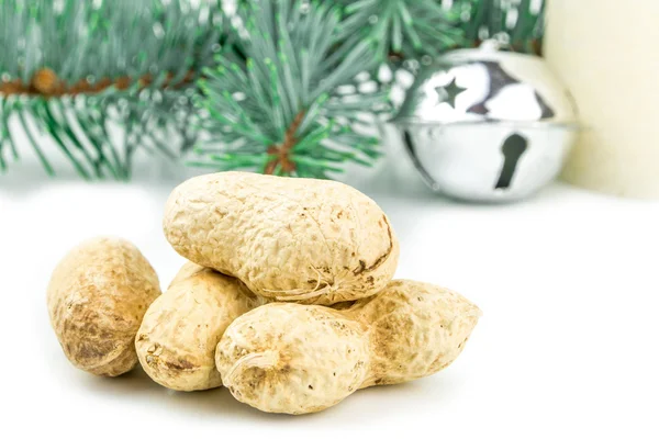 Four peanuts in shell and christmas decoration on white background — Stock Photo, Image