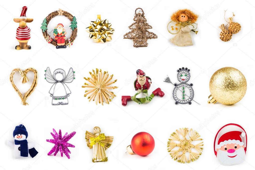 many different christmas decoration on white background