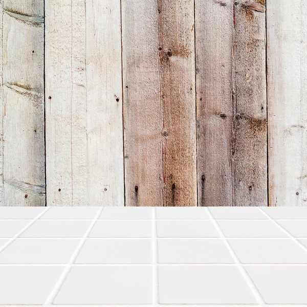 Wooden background and white mosaic floor — Stock Photo, Image