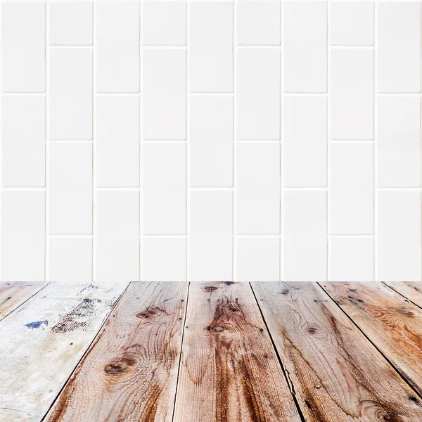 White bricks background and wooden floor — Stock Photo, Image