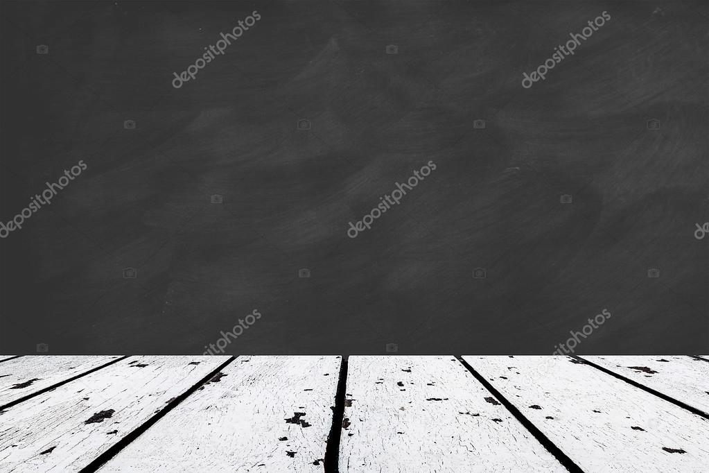 wooden floor and black chalk board blank