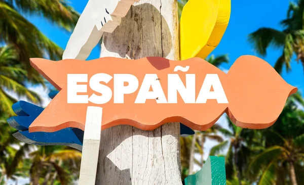 Spain signpost with palm trees — Stock Photo, Image