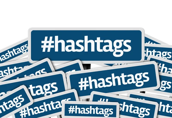 Hashtags escritas em sinal de estrada azul múltiplo — Fotografia de Stock