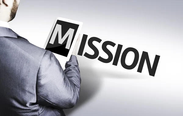 Biznes człowiek z misją tekst w obrazie koncepcja — Zdjęcie stockowe