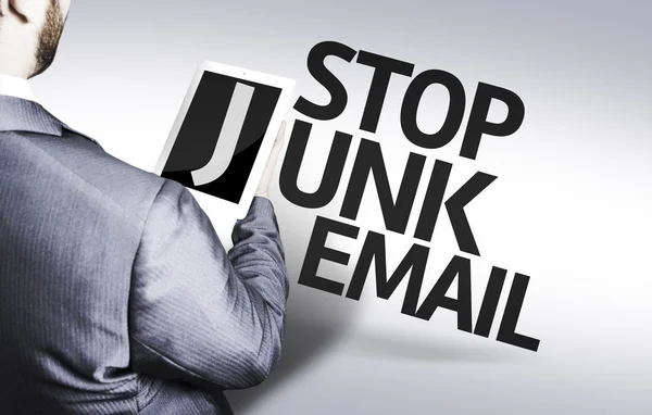 Geschäftsmann mit dem Text Stop Junk E-Mail in einem Konzeptbild — Stockfoto
