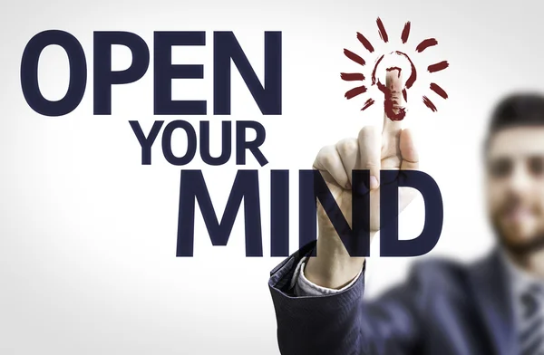 Business man pointing the text: Open your Mind — Stock Photo, Image