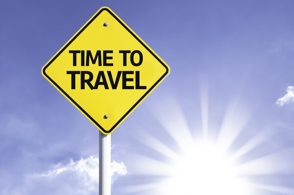 Time to Travel road sign with sun background