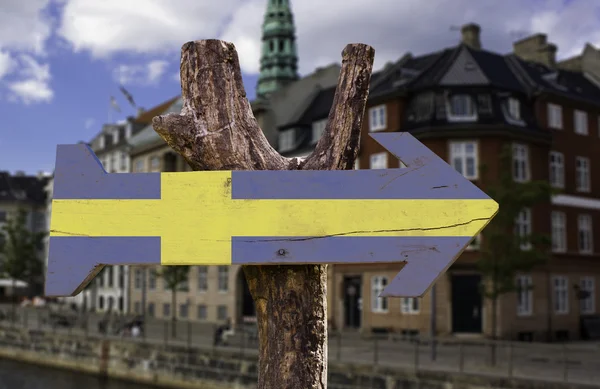 Szwecja drewniany znak — Zdjęcie stockowe