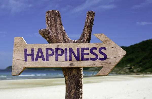 Happiness wooden sign with a beach on background — Stock Photo, Image