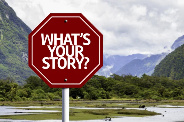 Wat is uw verhaal? geschreven op rode verkeersbord — Stockfoto