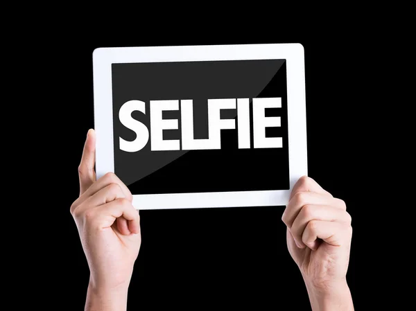 Tablet pc com texto Selfie — Fotografia de Stock