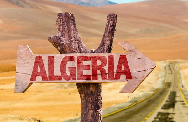 Argélia sinal de madeira com fundo estrada deserto — Fotografia de Stock