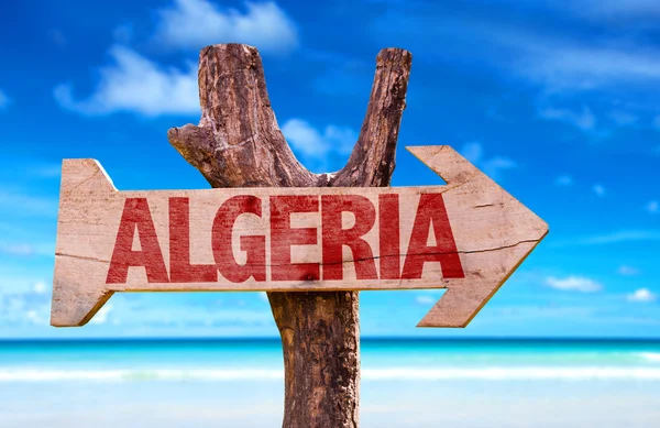 Argélia sinal de madeira com fundo estrada deserto — Fotografia de Stock
