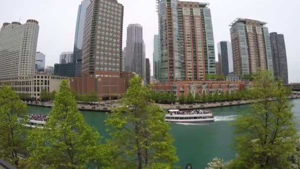 Лодка на реке Чикаго с небоскребами — стоковое видео