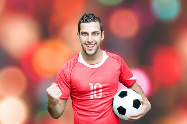 Soccer fan celebrates in red t-shirt — Stock Photo, Image