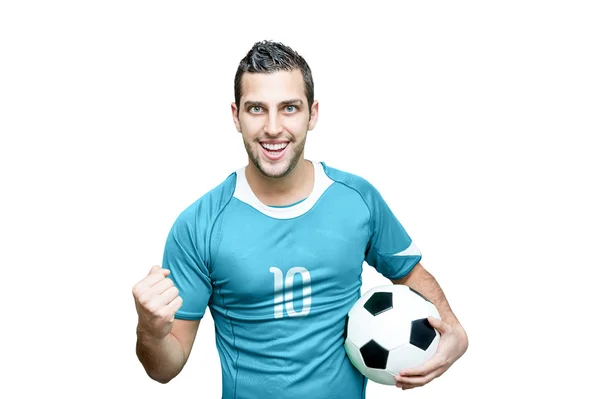 Ventilador de futebol celebra em camiseta azul — Fotografia de Stock
