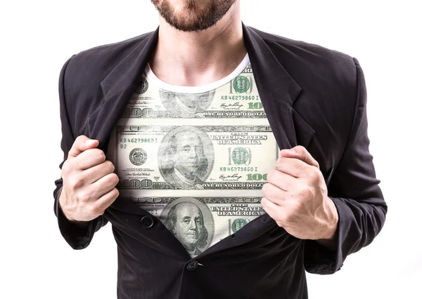 Businessman stretching suit with Dollars — Stock Photo, Image