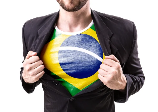 Geschäftsmann streckt Anzug mit brasilianischer Flagge — Stockfoto