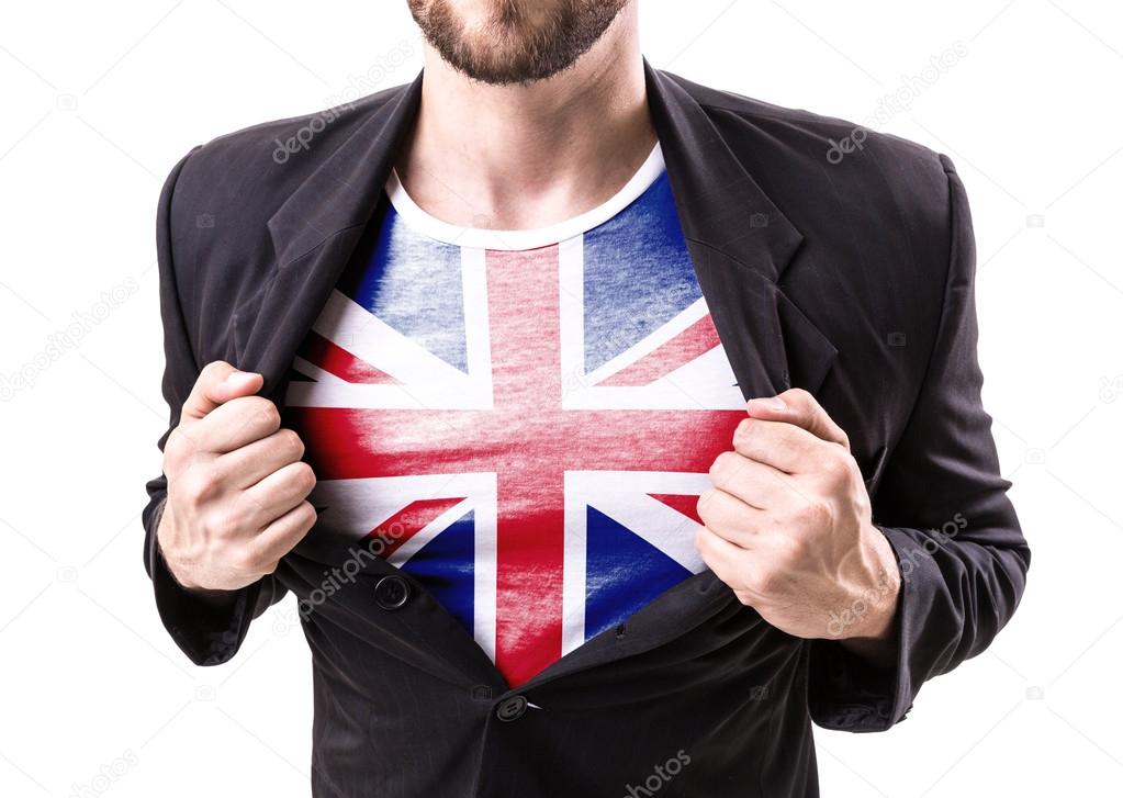 Businessman stretching suit with flag