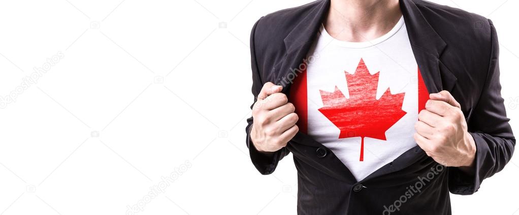 Businessman stretching suit with Canadian flag