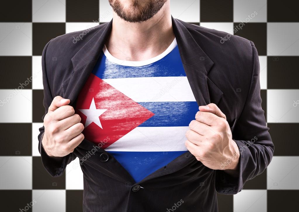 Businessman stretching suit with cuban flag