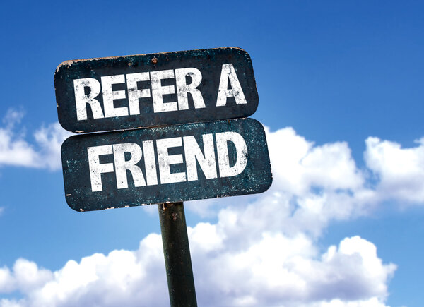 Refer a Friend sign with clouds on background