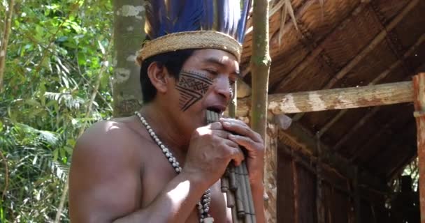 Nativo brasileiro tocando flauta de madeira — Vídeo de Stock