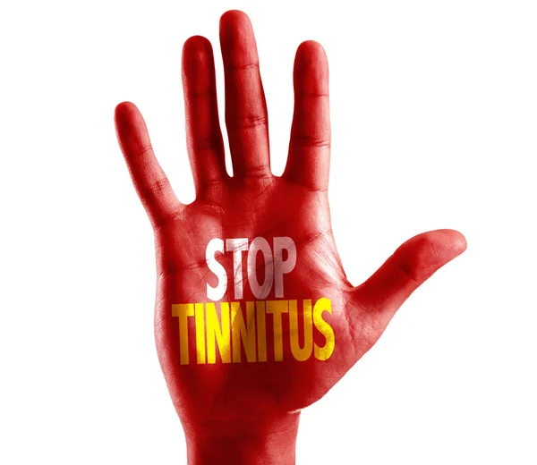 Stopp Tinnitus auf der Hand geschrieben — Stockfoto