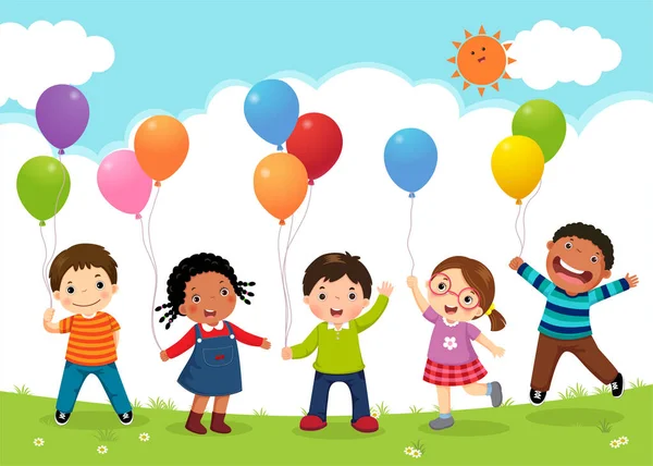 Niños Felices Saltando Juntos Sosteniendo Globos — Archivo Imágenes Vectoriales