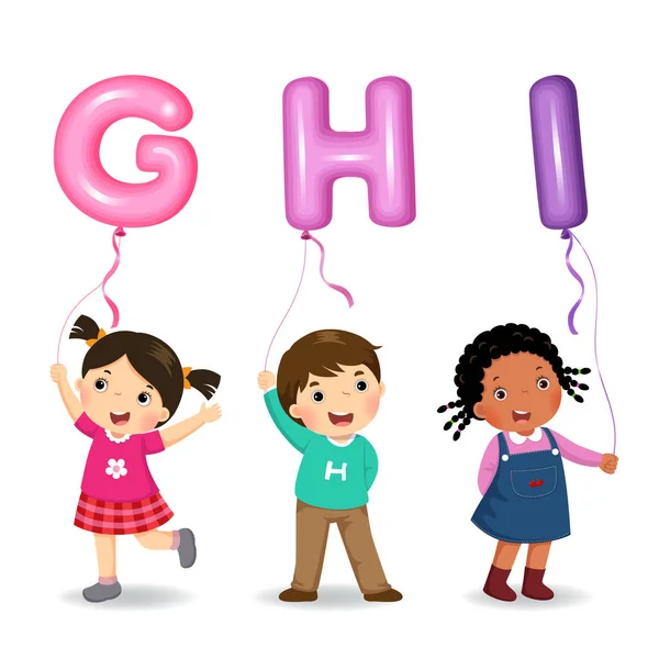 Enfants Dessin Animé Tenant Lettre Ghi Forme Ballons — Image vectorielle