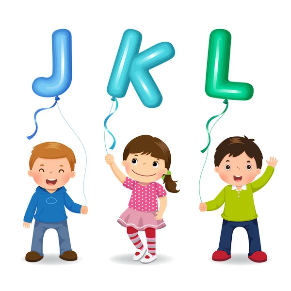 Niños Dibujos Animados Sosteniendo Letra Globos Forma Jkl — Vector de stock