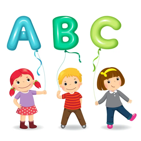 Cartoon Kids Holding Letter Abc Shaped Balloons — Stock Vector